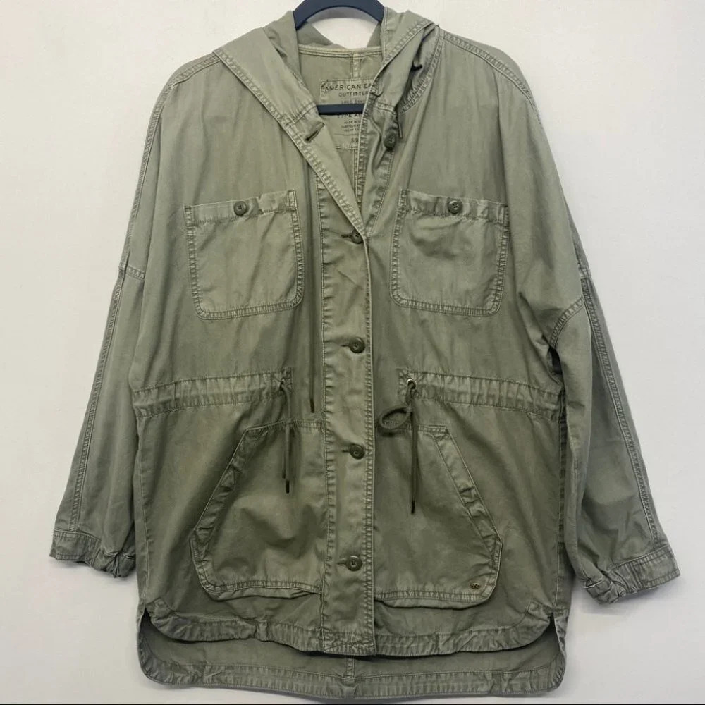 American Eagle Outfitters Green S Anorak Jacket Cargo Cotton Hood Oversized‎